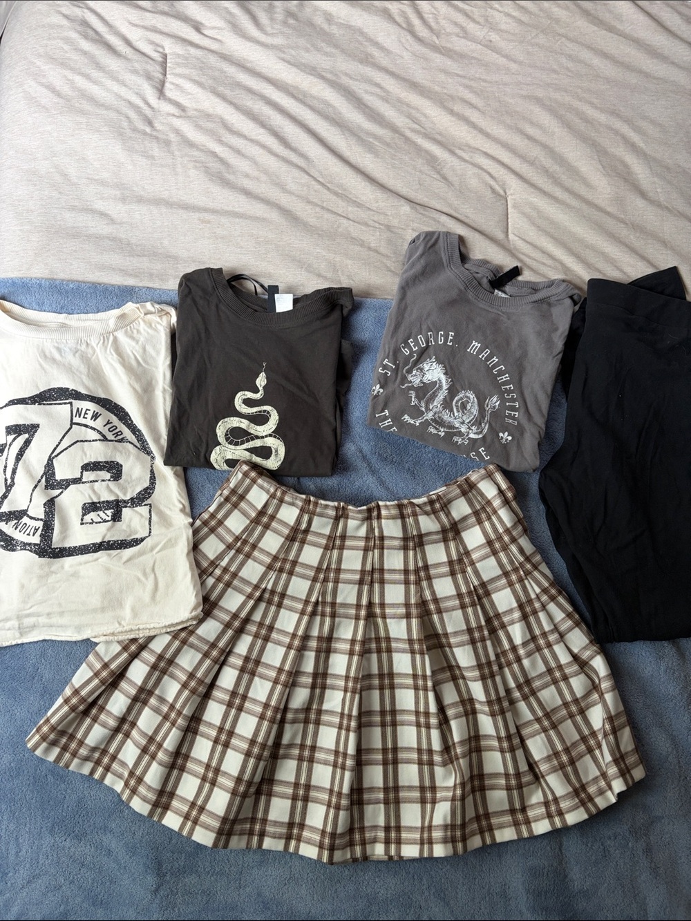 Divided Brand Clothing Bundle - Plaid Pleated Mini Skirt, 3 Ts, leggings